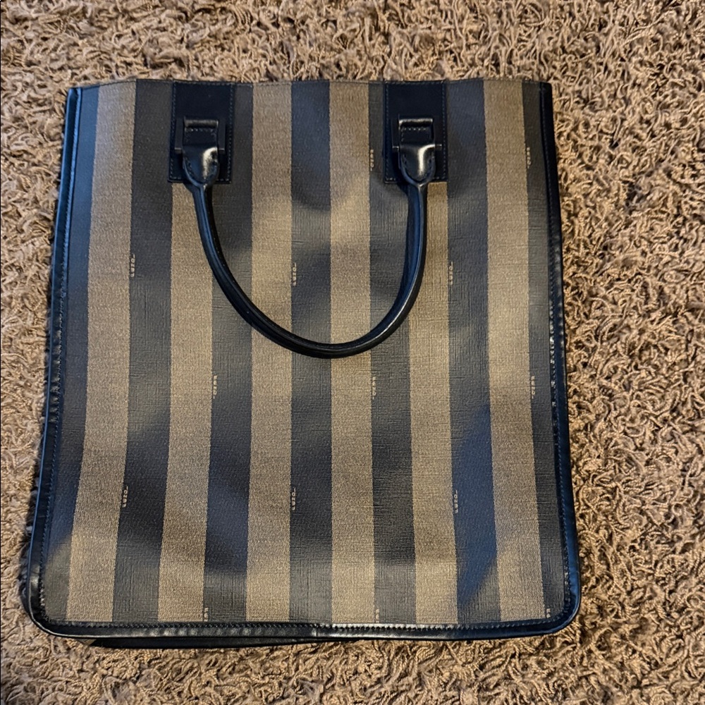 Fendi Striped Black and Tan Tote Bag